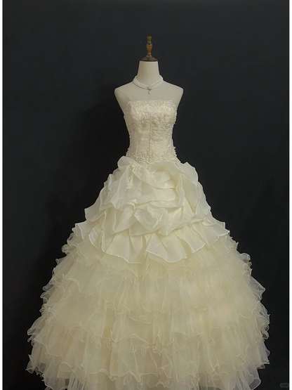 Light Apricot Strapless Elegant Romantic Gown with Fitted Waist and Fluffy Princess Skirt, Wedding Dress & Bridal Gown gh8330