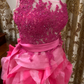 Rose Red One-Shoulder Waist-Cinched Bubble Mini Prom Dress, Evening Gown, Graduation Dress gh7250
