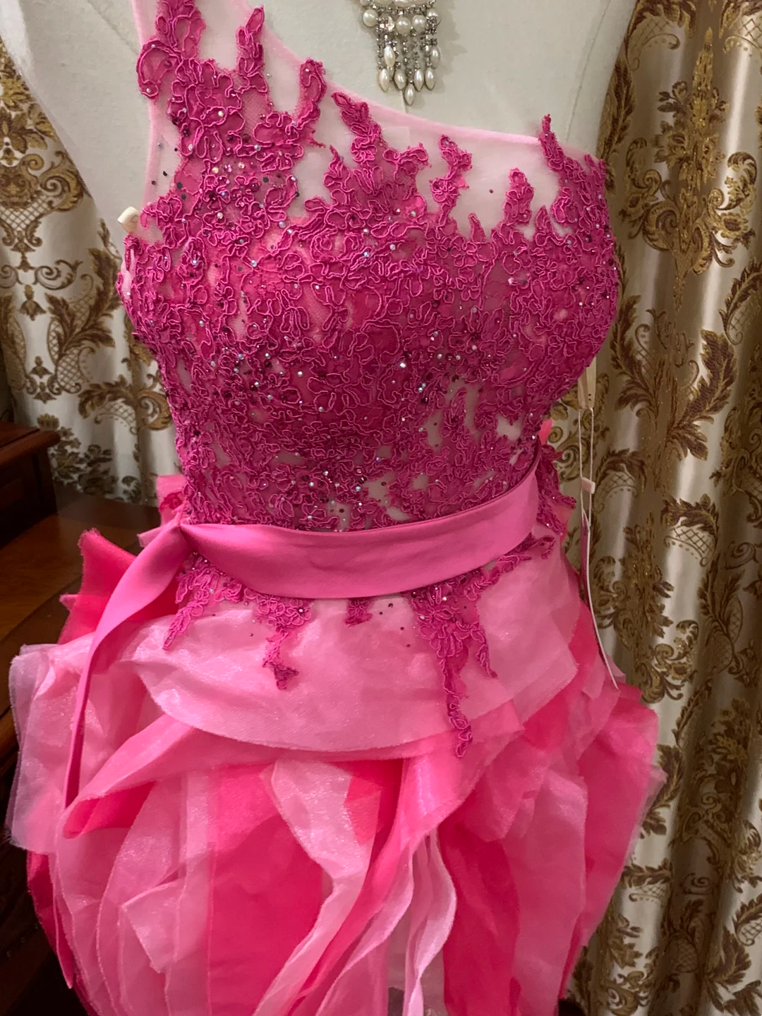 Rose Red One-Shoulder Waist-Cinched Bubble Mini Prom Dress, Evening Gown, Graduation Dress gh7250