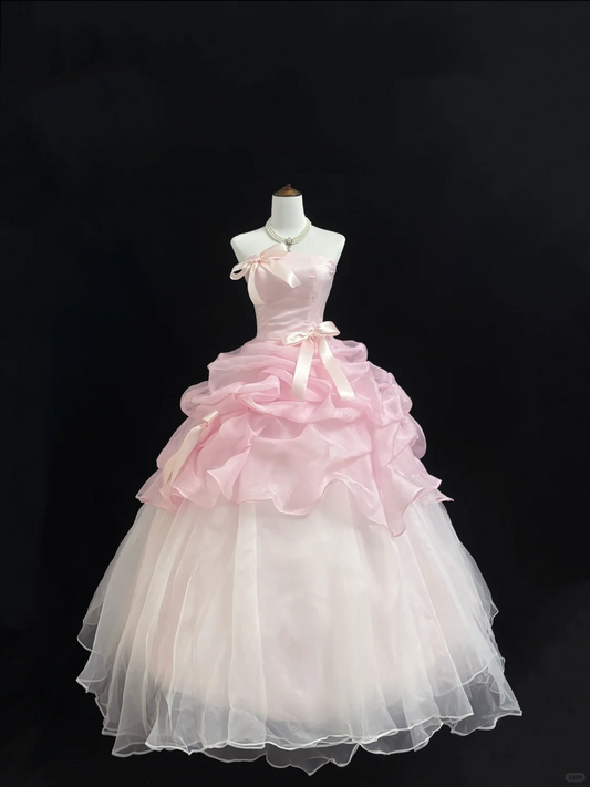Blush Pink Bow Girly Strapless Cinched Waist Voluminous Skirt Romantic Dress, Wedding Gown gh7881