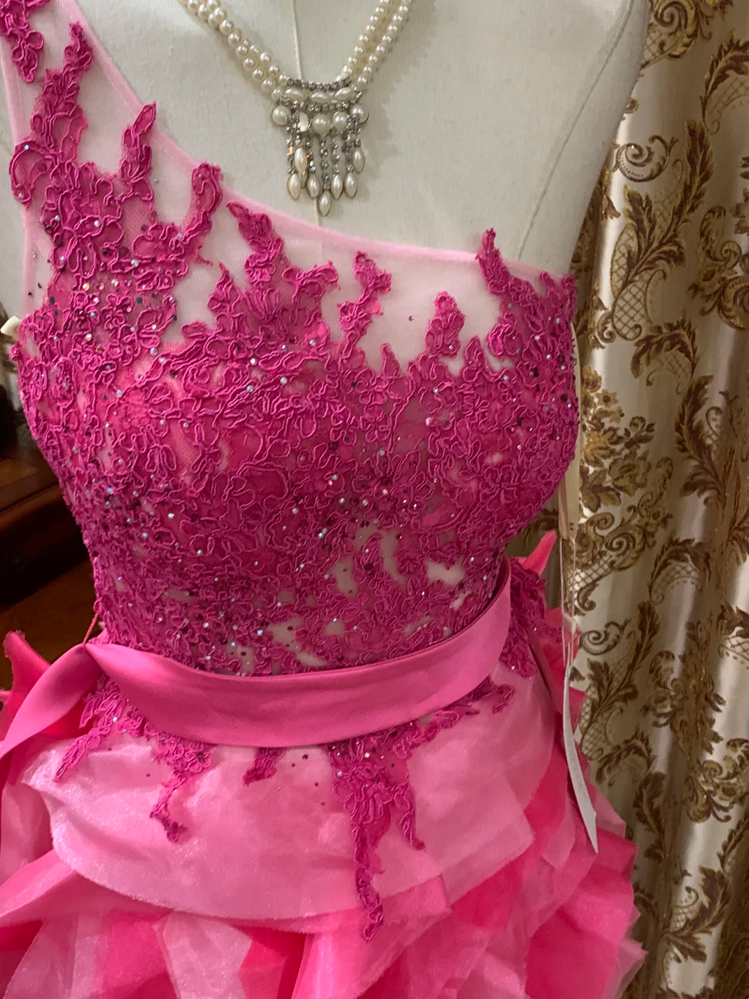 Rose Red One-Shoulder Waist-Cinched Bubble Mini Prom Dress, Evening Gown, Graduation Dress gh7250
