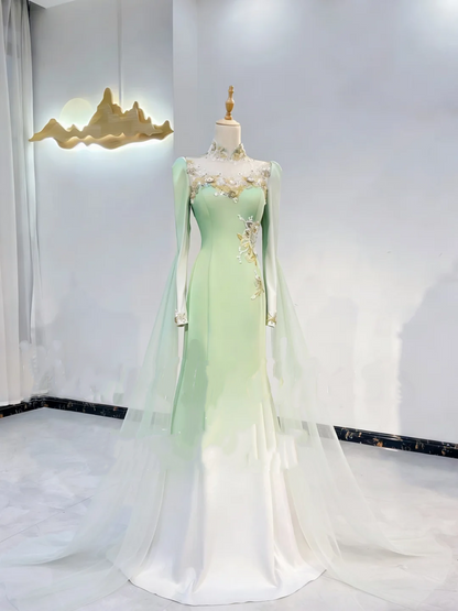 Light Green Gradient Waist-Cinched Fitted Mermaid Sexy Long Evening Dress, Fairy Gown, Romantic Gown gh7397
