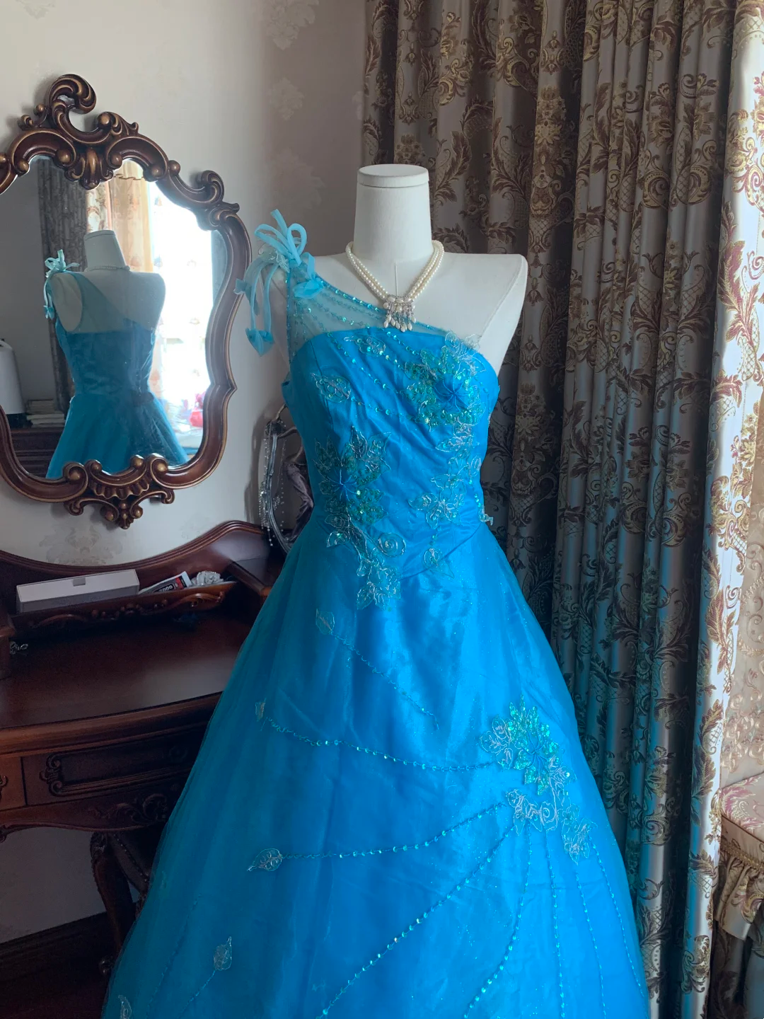 Blue One-Shoulder Waist-Cinched Vintage Voluminous Skirt Prom Dress, Princess Ball Gown gh7279