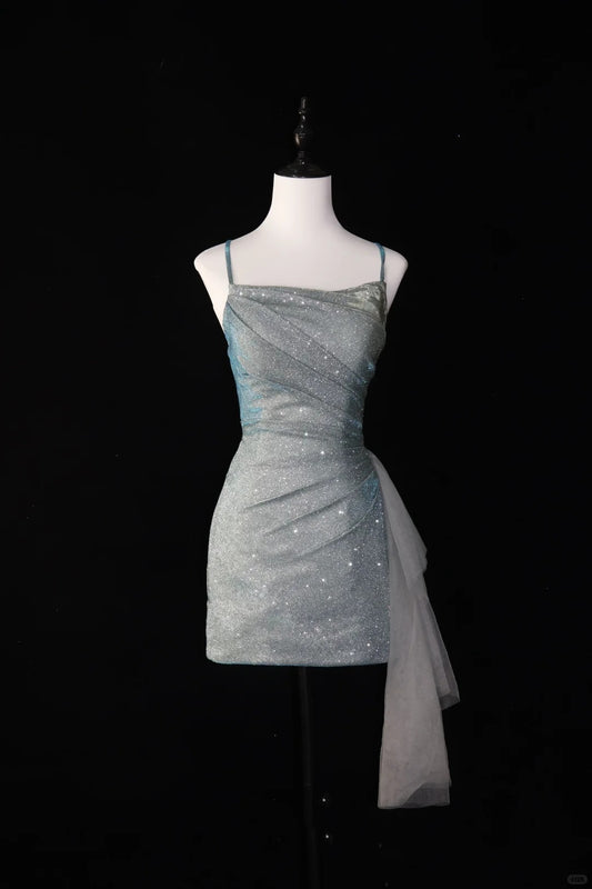 Robe de soirée courte et scintillante argentée, dos nu, robe de bal, robe de soirée, gh4541