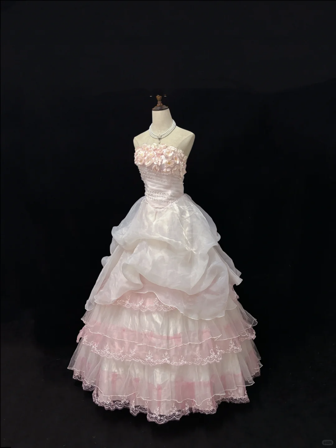 Blush Pink Strapless with Floral Details, Cinched Waist, Voluminous Tiered Princess Skirt Long Romantic Dress, Wedding Gown gh8065