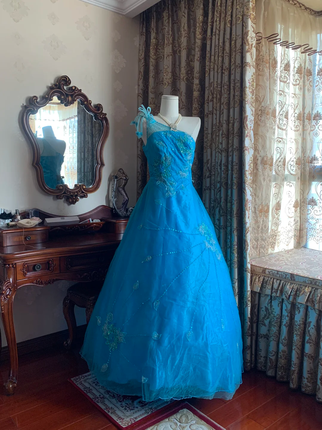 Blue One-Shoulder Waist-Cinched Vintage Voluminous Skirt Prom Dress, Princess Ball Gown gh7279