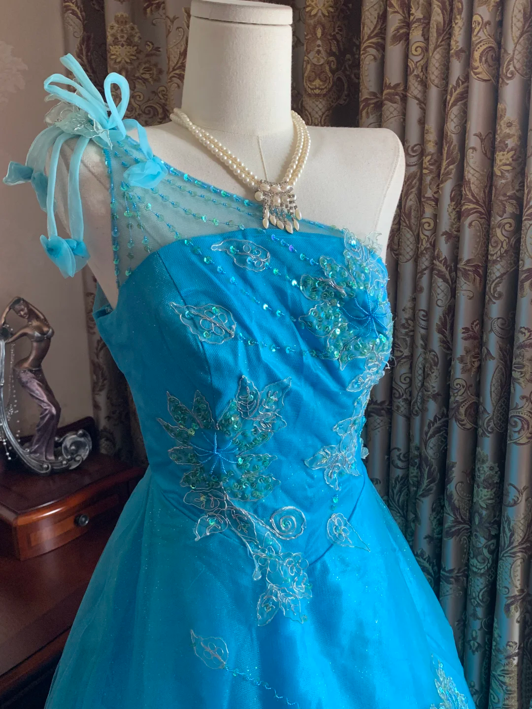 Blue One-Shoulder Waist-Cinched Vintage Voluminous Skirt Prom Dress, Princess Ball Gown gh7279