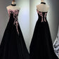 Girlhomeshops -Black velvet floral long ball gown evening gown graduation dress gh5111