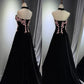 Girlhomeshops -Black velvet floral long ball gown evening gown graduation dress gh5111