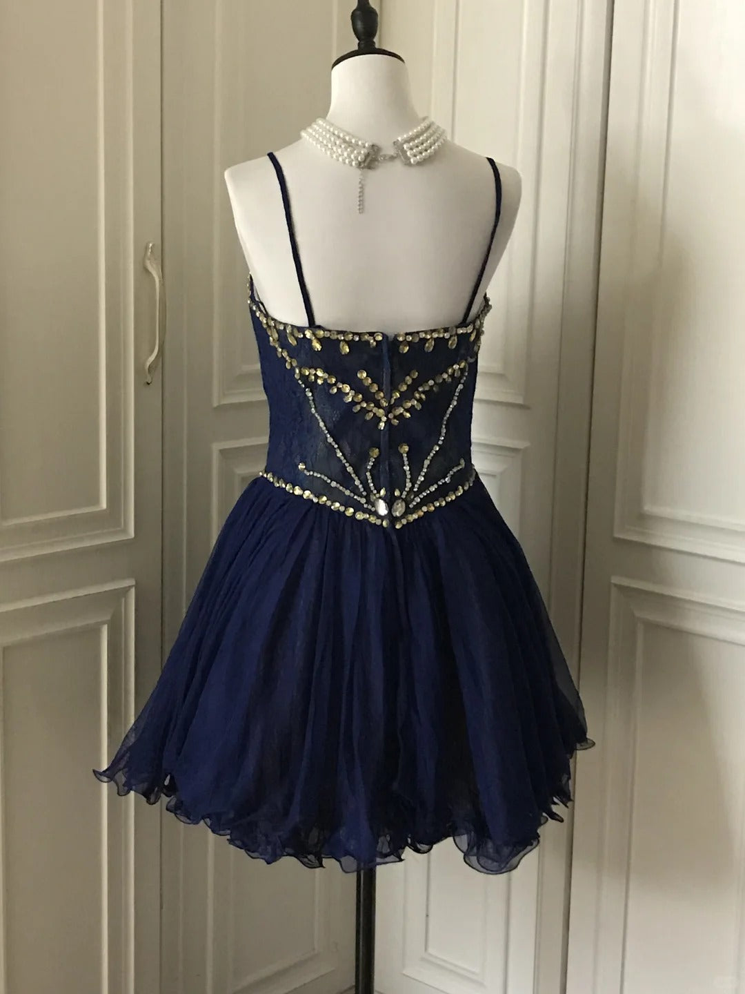 💙Dark blue shiny retro princess short homecoming dress beaded tulle ball gown evening dress gh4393