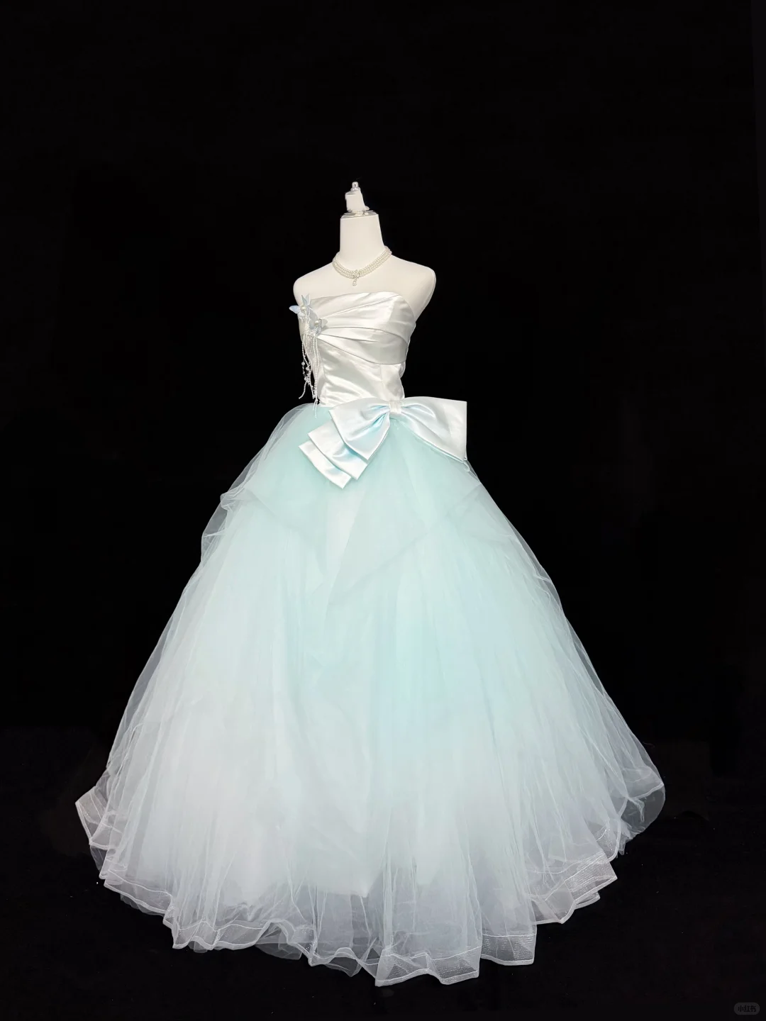 White Satin Strapless Cinched Waist Ombre Mint Green Voluminous Skirt Long Romantic Dress, Wedding Gown gh7929