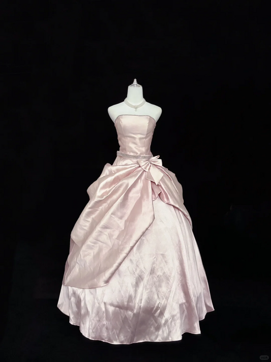 Blush Pink Satin Strapless Cinched Waist Voluminous Princess Skirt Minimalist Elegant Romantic Dress, Wedding Gown gh8015