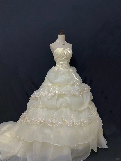 Pale Yellow Strapless Long Romantic Gown, Cinched Waist, Voluminous Princess Skirt, Wedding Dress & Bridal Gown gh8234