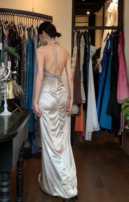 Champagne Silver Halter Long Formal Gown Satin Rhinestone Beaded Mermaid Evening Dress gh9644
