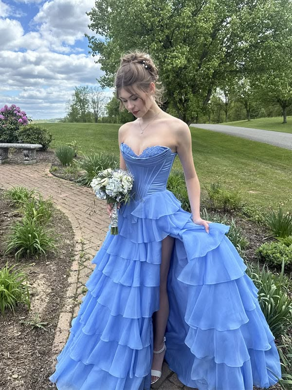 Light Blue Strapless Waist-Cinched Tiered Cake Skirt Evening Dress, Fairy Gown, Romantic Gown gh7423