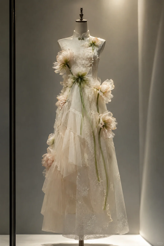 ✨Girlhomeshops-Chinese Style 3D Organza Flower Lace Wedding Evening Gown gh10351