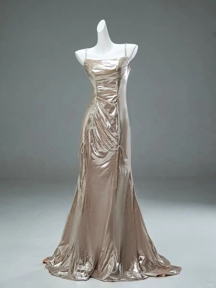 Champagner Metallic Langes Satin Ballkleid Abendkleid Partykleid gh4369