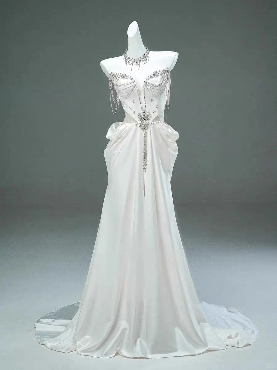Weißes Perlenbesetztes elegantes langes Satin-Ballkleid, Abendkleid, Brautkleid gh4370