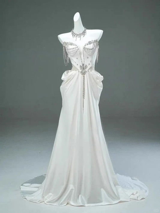 Weißes Perlenbesetztes elegantes langes Satin-Ballkleid, Abendkleid, Brautkleid gh4370