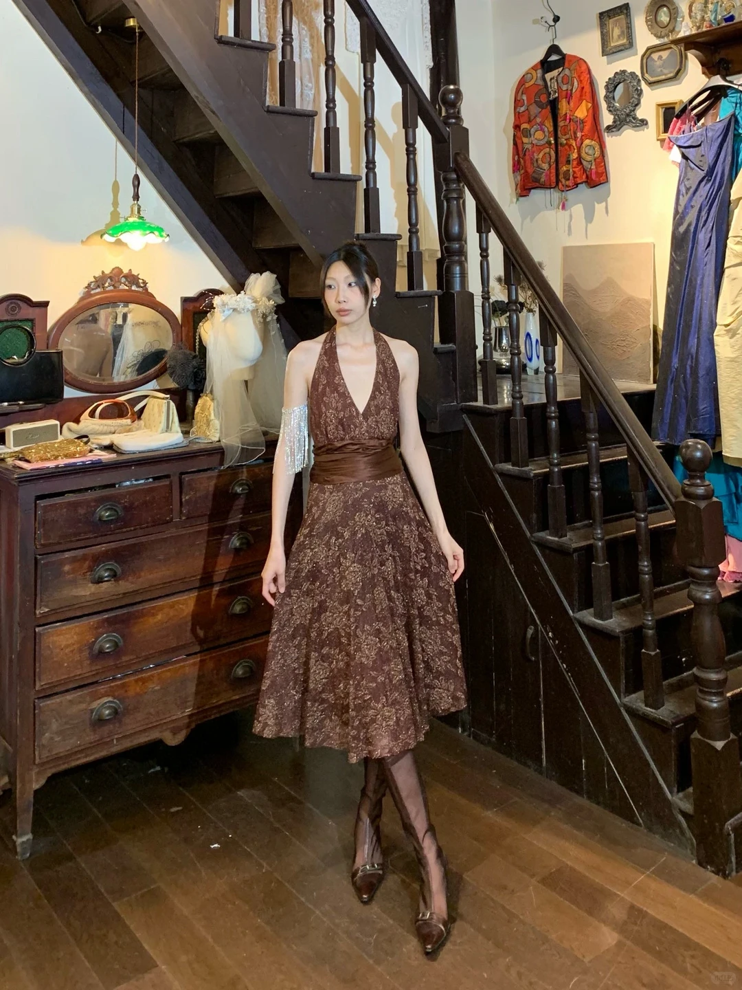 Deep V Halter Brown Lace Evening Dress, Floral Pattern Satin Waistband A-Line Midi Vintage Formal Gown gh9884