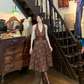 Deep V Halter Brown Lace Evening Dress, Floral Pattern Satin Waistband A-Line Midi Vintage Formal Gown gh9884