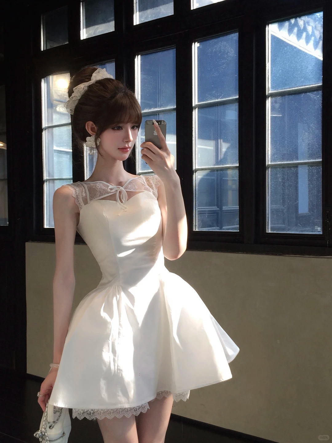 Women Sweet White Homecoming Dress Heart Neck Lace Mesh Shoulder Tie Cutout A-Line Puffy Short Party Dress gh9427