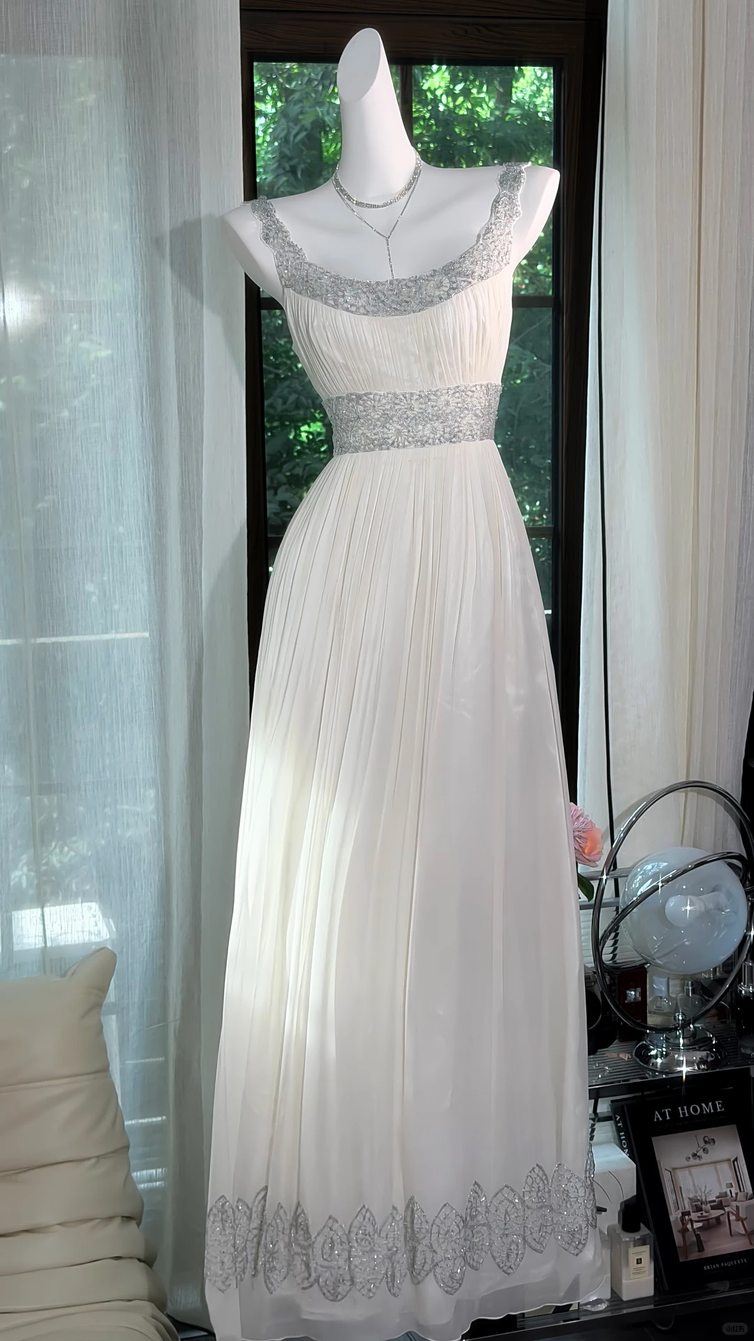 Off White Off Shoulder Silver Beaded Pleated Long Evening Dress, A-Line Chiffon Formal Gown gh9503