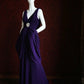 Deep Purple Satin Convertible V-Neck Maxi Evening Gown with Crystal Flower Detail gh6743