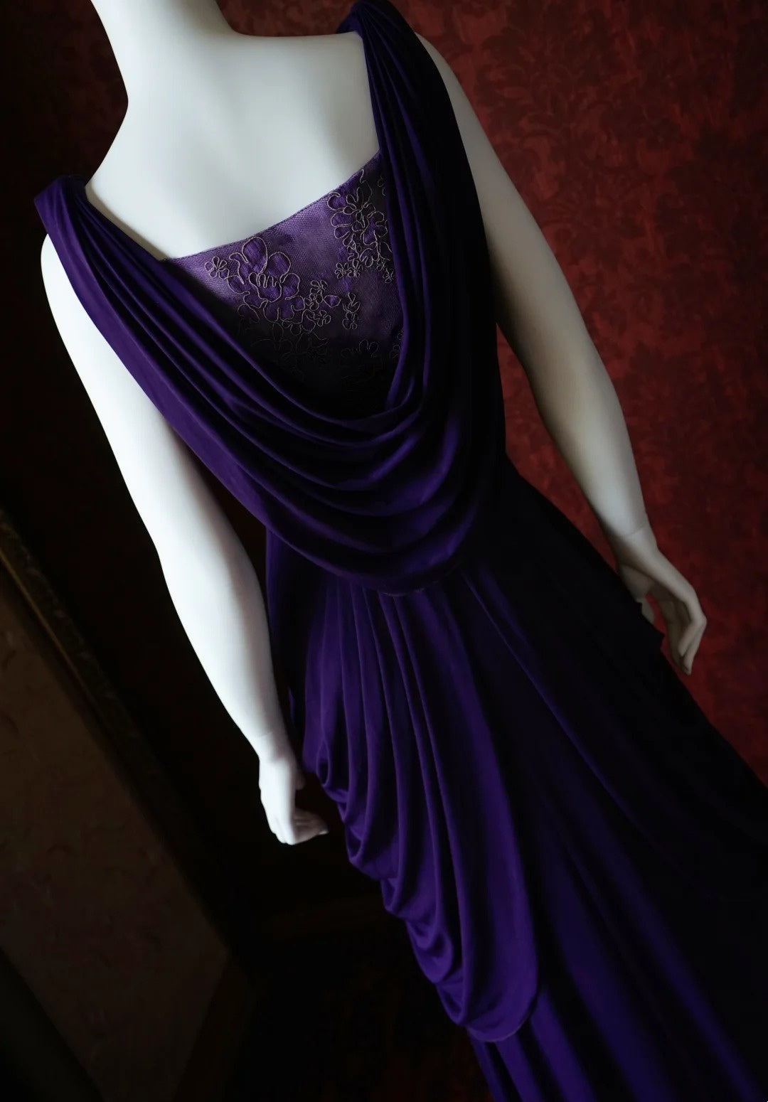 Deep Purple Satin Convertible V-Neck Maxi Evening Gown with Crystal Flower Detail gh6743
