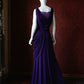 Deep Purple Satin Convertible V-Neck Maxi Evening Gown with Crystal Flower Detail gh6743