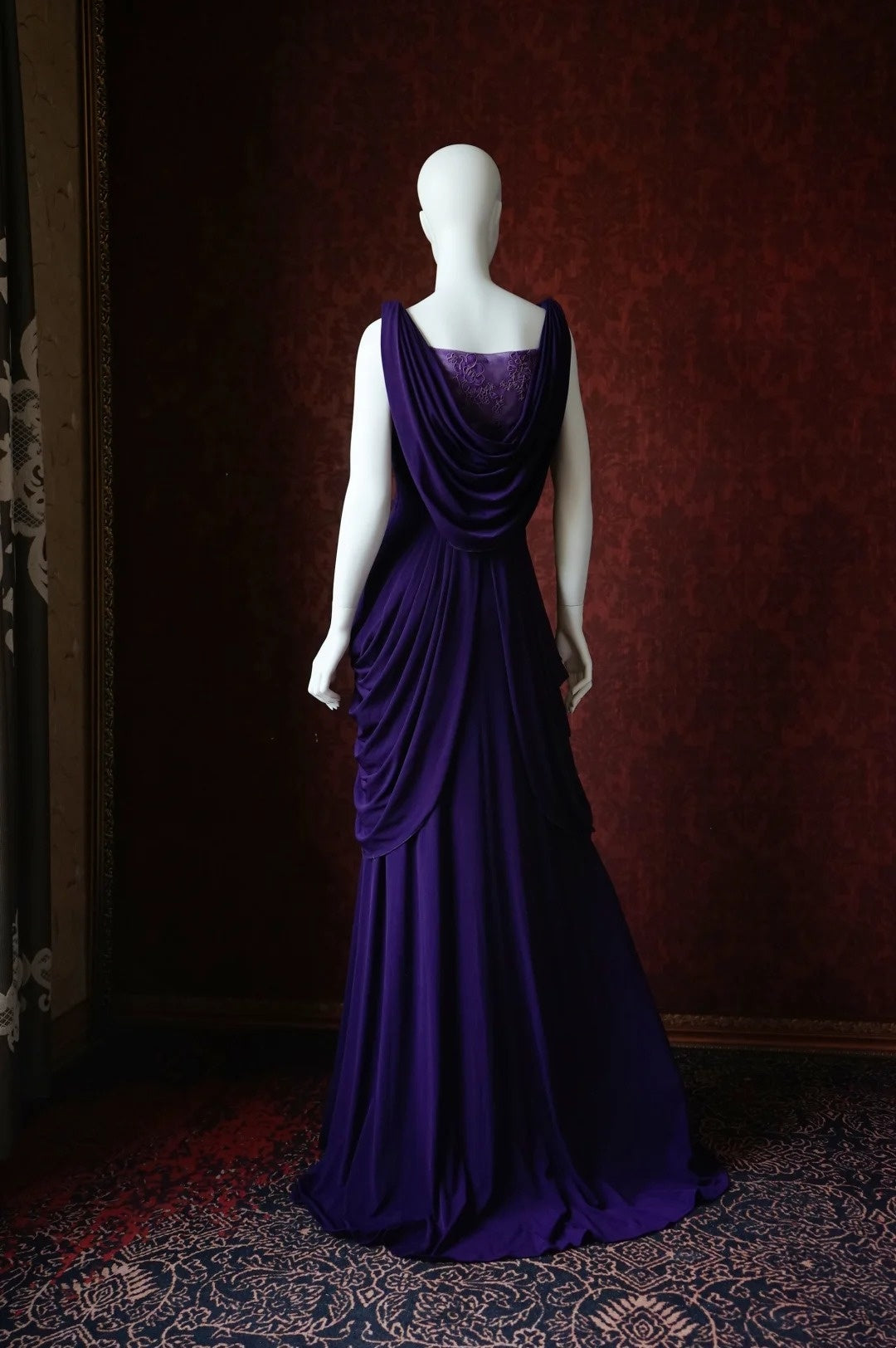 Deep Purple Satin Convertible V-Neck Maxi Evening Gown with Crystal Flower Detail gh6743