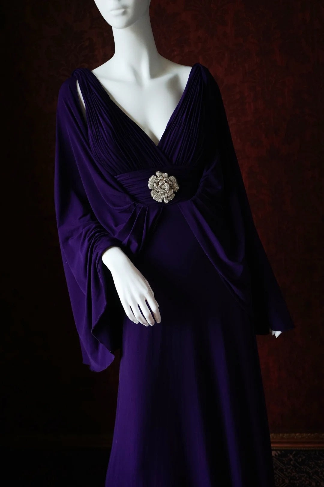 Deep Purple Satin Convertible V-Neck Maxi Evening Gown with Crystal Flower Detail gh6743