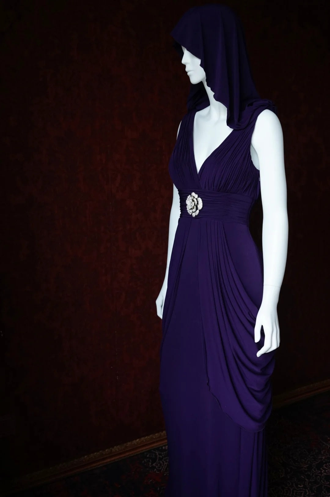 Deep Purple Satin Convertible V-Neck Maxi Evening Gown with Crystal Flower Detail gh6743