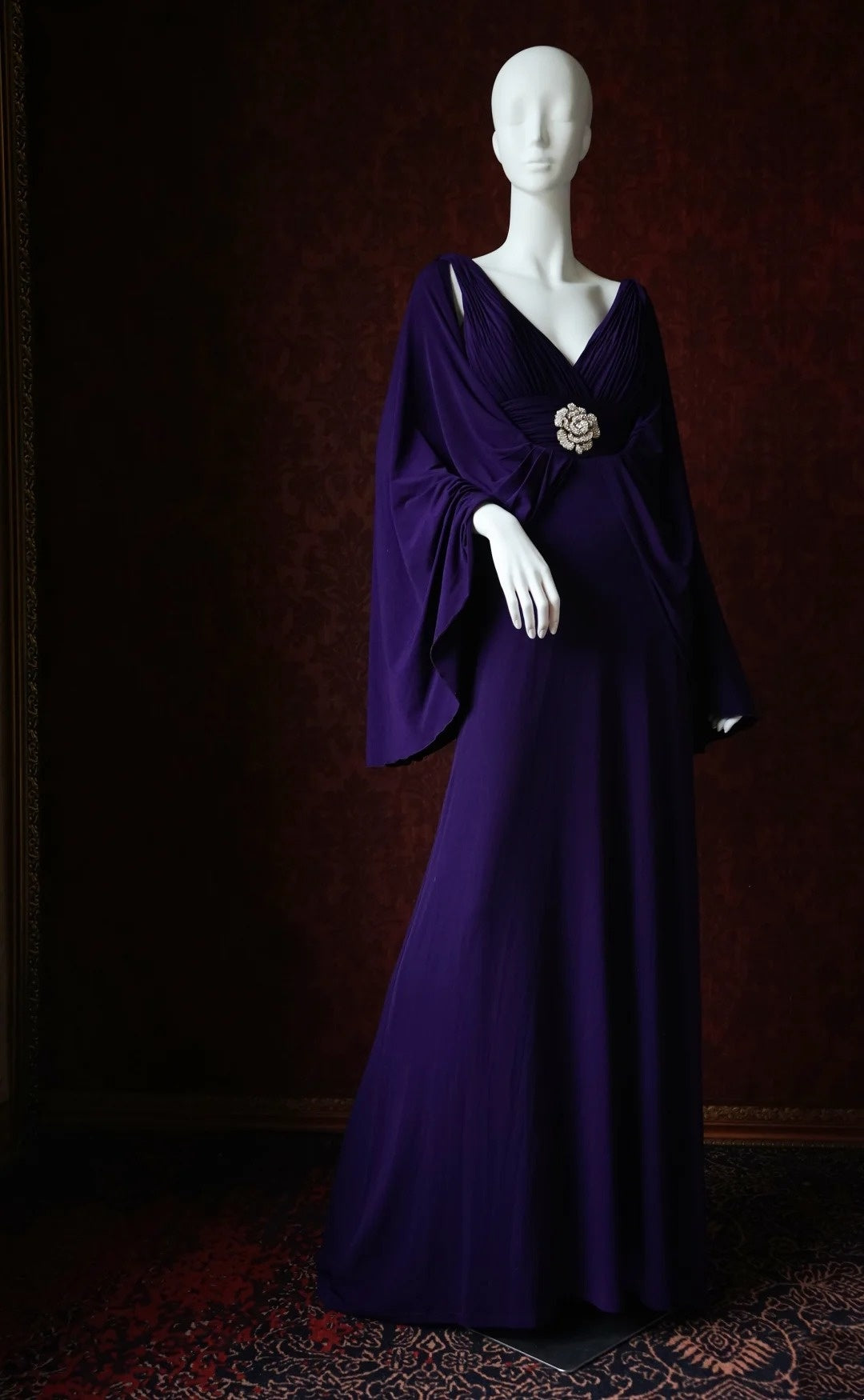 Deep Purple Satin Convertible V-Neck Maxi Evening Gown with Crystal Flower Detail gh6743