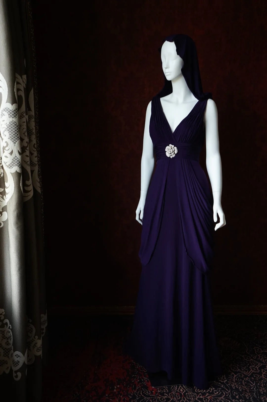 Deep Purple Satin Convertible V-Neck Maxi Evening Gown with Crystal Flower Detail gh6743