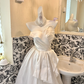 White Satin Strapless Waist-Cinched Unique Skirt Long Minimalist Luxury Romantic Dress, Wedding Gown gh7713