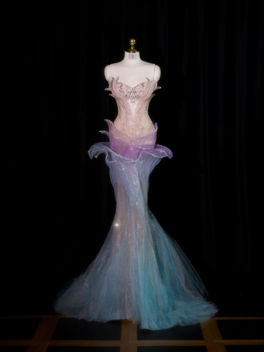✨Girlhomeshops-Ombre 3D Petal Mermaid Prom Dress Spaghetti Strap Rhinestone Gown gh10188