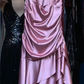 Dusty Pink Halter Deep V Cowl Neck Satin Asymmetrical Tiered Ruffle Long Evening Prom Dress gh9777