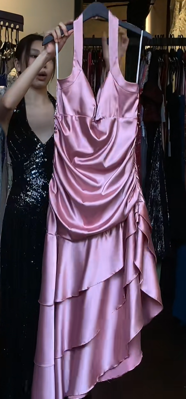 Dusty Pink Halter Deep V Cowl Neck Satin Asymmetrical Tiered Ruffle Long Evening Prom Dress gh9777