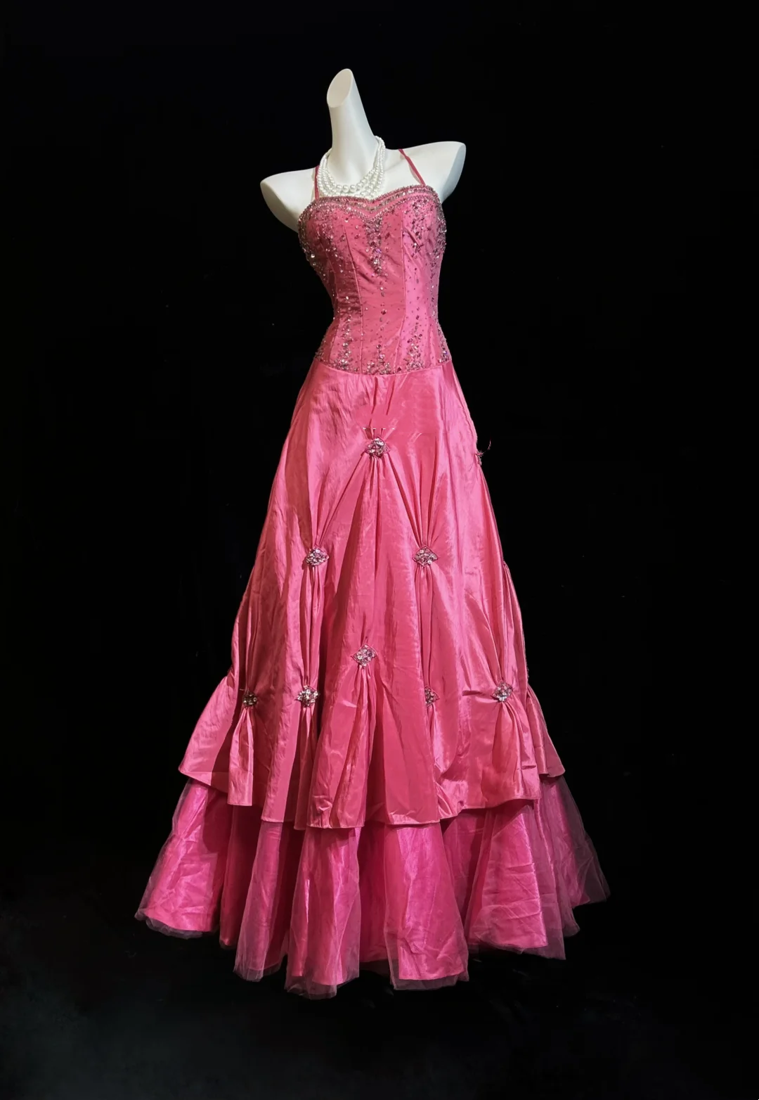 ✨Girlhomeshops-Hot Pink Sweetheart Beaded Corset Taffeta Tiered Prom Gown gh10283