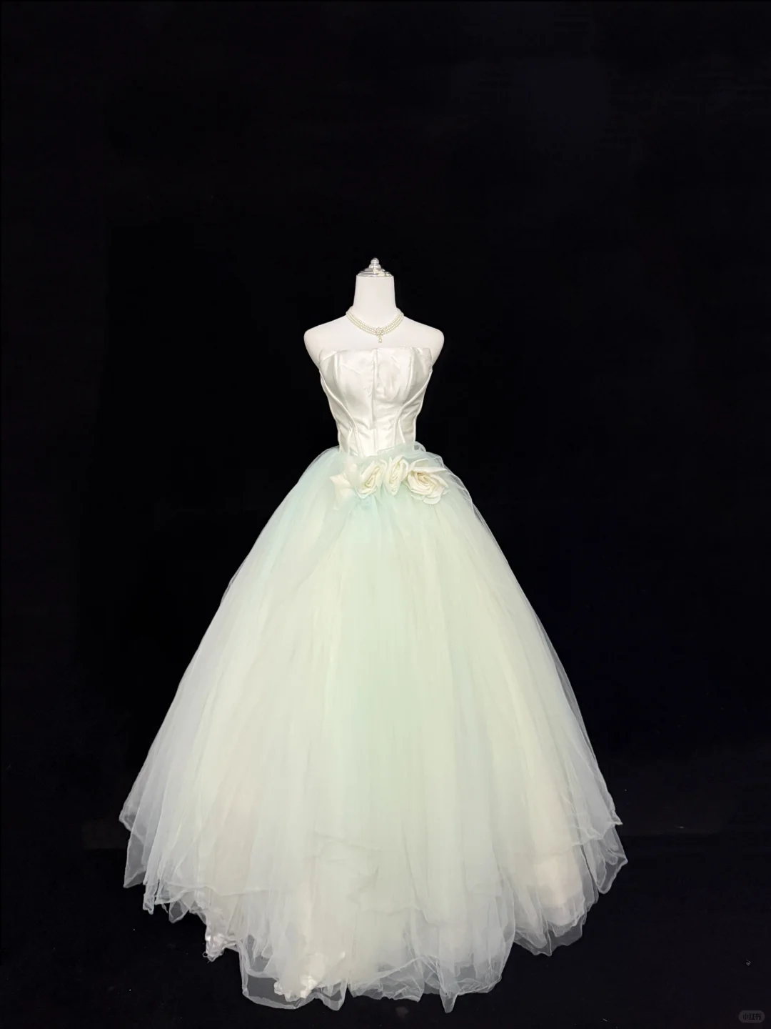 White Satin Strapless Cinched Waist Light Green Voluminous Skirt Long Romantic Dress, Wedding Gown gh7882