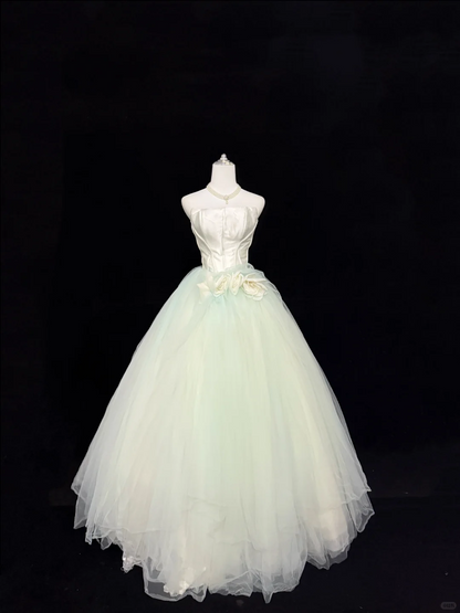 White Satin Strapless Cinched Waist Light Green Voluminous Skirt Long Romantic Dress, Wedding Gown gh7882