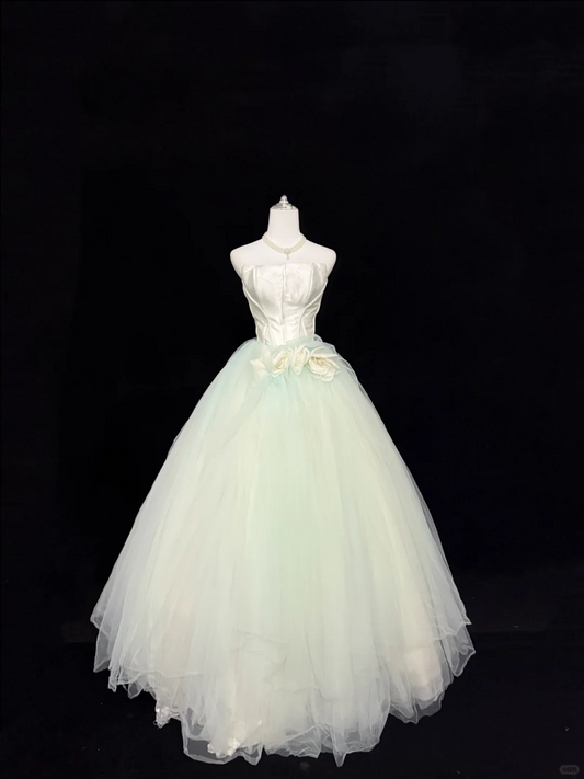 White Satin Strapless Cinched Waist Light Green Voluminous Skirt Long Romantic Dress, Wedding Gown gh7882
