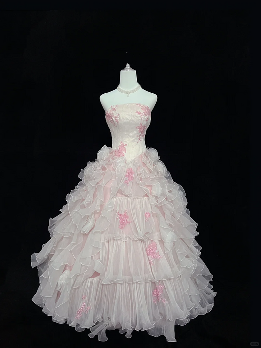 Blush Pink Strapless Cinched Waist Ruffled Edge Voluminous Skirt Girly Romantic Dress, Wedding Gown gh8066