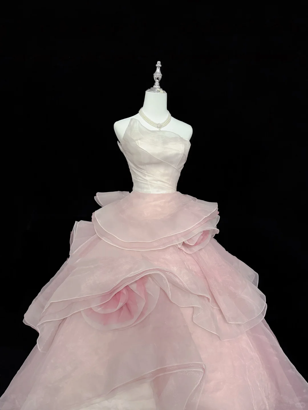 Blush Pink Strapless Cinched Waist Long Romantic Dress with Multi-Layer Voluminous Skirt, Wedding Gown gh7930