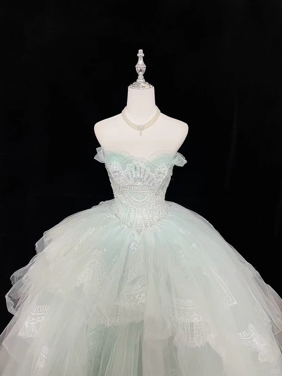 Light Green Strapless Cinched Waist Voluminous Princess Skirt Long Romantic Dress, Wedding Gown gh7970