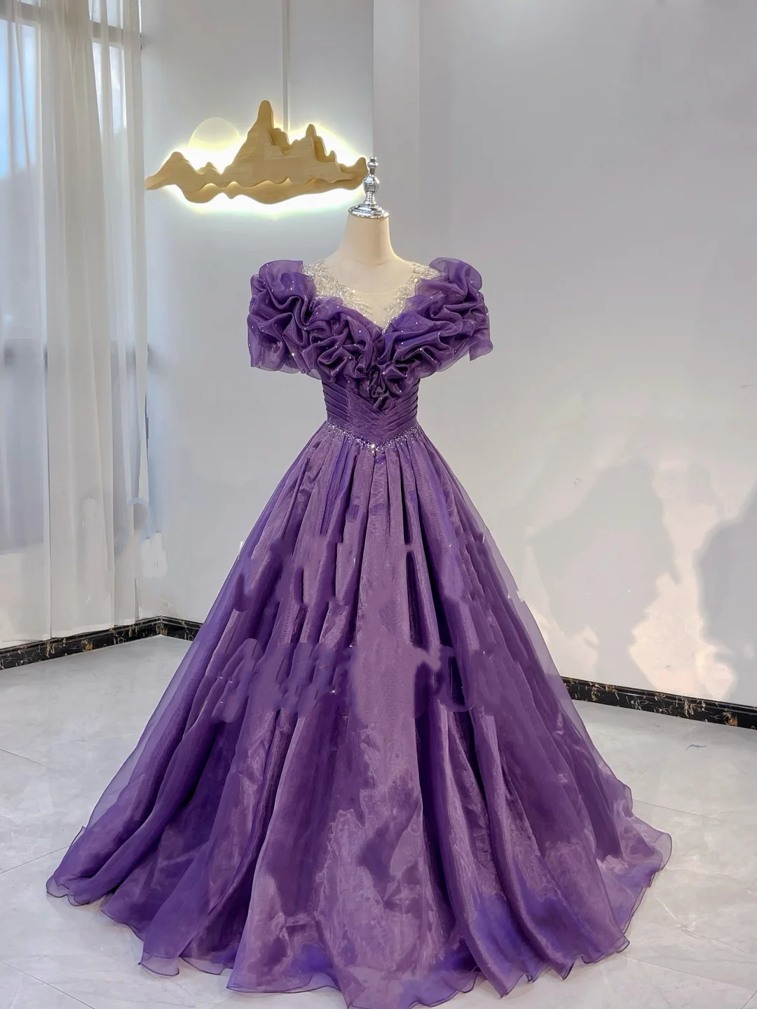 Purple Floral V-Neck Waist-Cinched Fitted A-Line Long Evening Dress, Fairy Gown, Romantic Gown gh7398