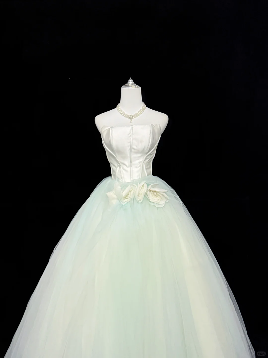White Satin Strapless Cinched Waist Light Green Voluminous Skirt Long Romantic Dress, Wedding Gown gh7882