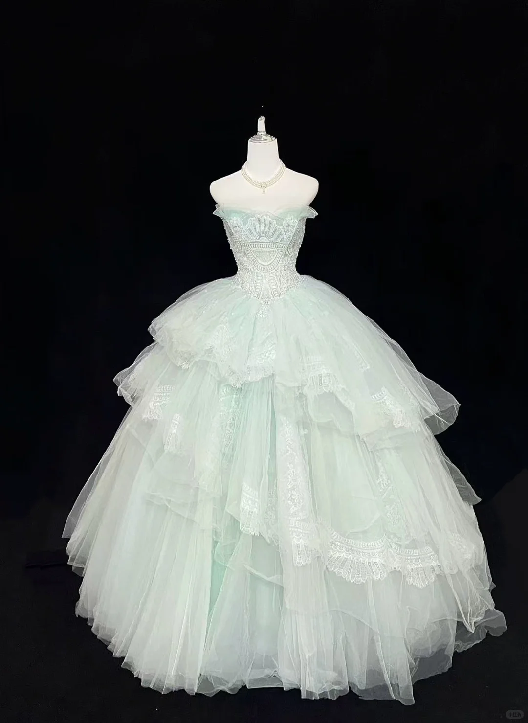 Light Green Strapless Cinched Waist Voluminous Princess Skirt Long Romantic Dress, Wedding Gown gh7970