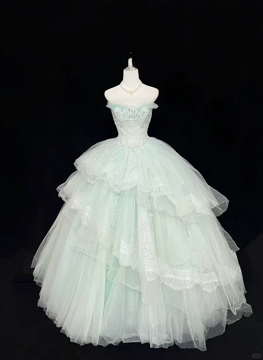 Light Green Strapless Cinched Waist Voluminous Princess Skirt Long Romantic Dress, Wedding Gown gh7970